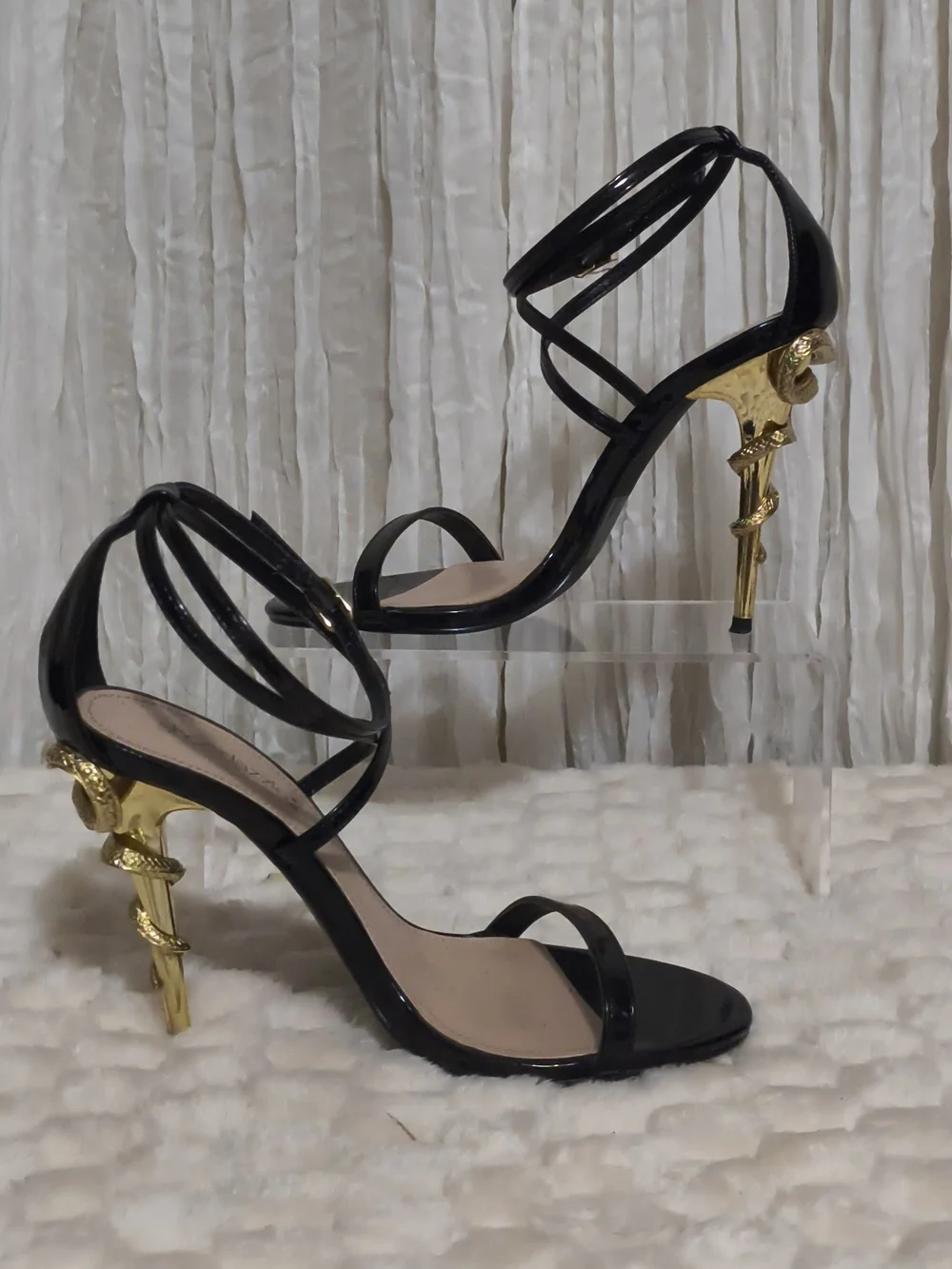 Black Strappy High Heel Sandals with Gold Sculpted Heel